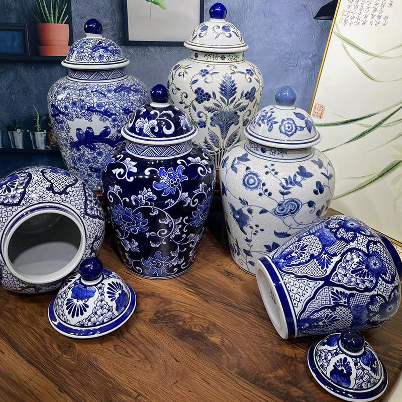 新中式青花瓷将军罐花瓶摆件