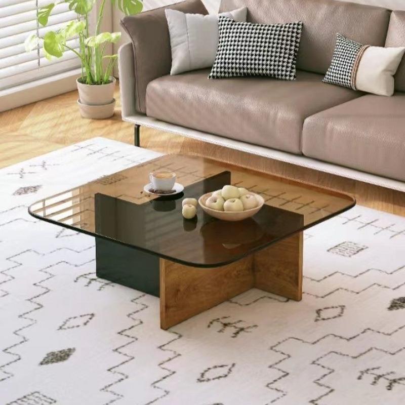 新款直销钢化玻972璃中古茶茶几客厅阳台几风实木客底座轻奢简约