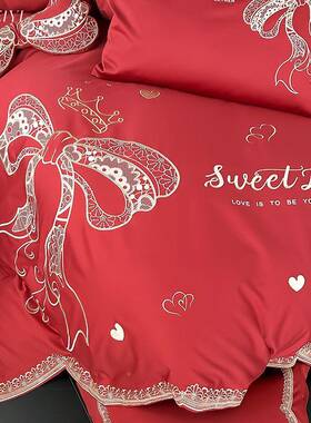 高档10绣S长绒棉蝴YC9660蝶结刺结婚四件套纯棉庆大婚红色被套0床