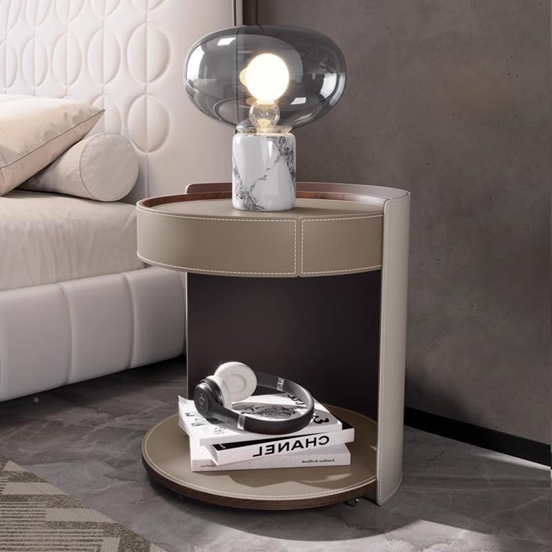 意式简马鞍边皮床头柜圆极形后现动代卧室SJ-D902轻奢轮子可移皮