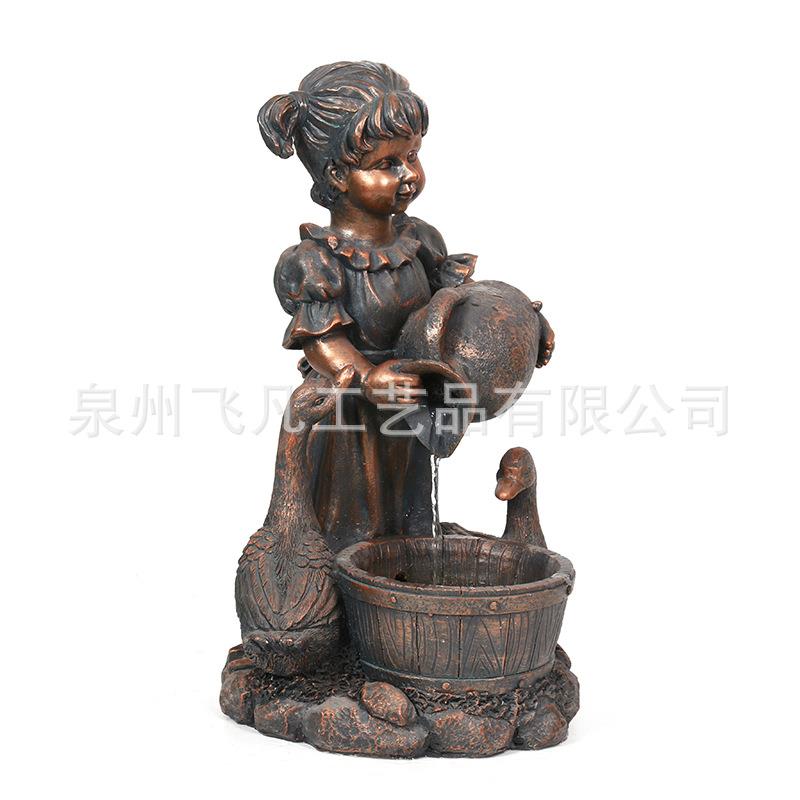女孩与鹅树脂喷泉流水摆件复古工F220520像艺品艺庭院花园阳园台