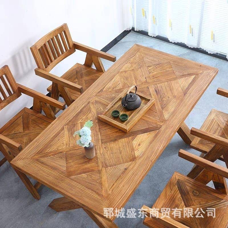 新中式老榆木茶桌原茶老门拼花桌椅组合套装实板木四人木位PTX吃