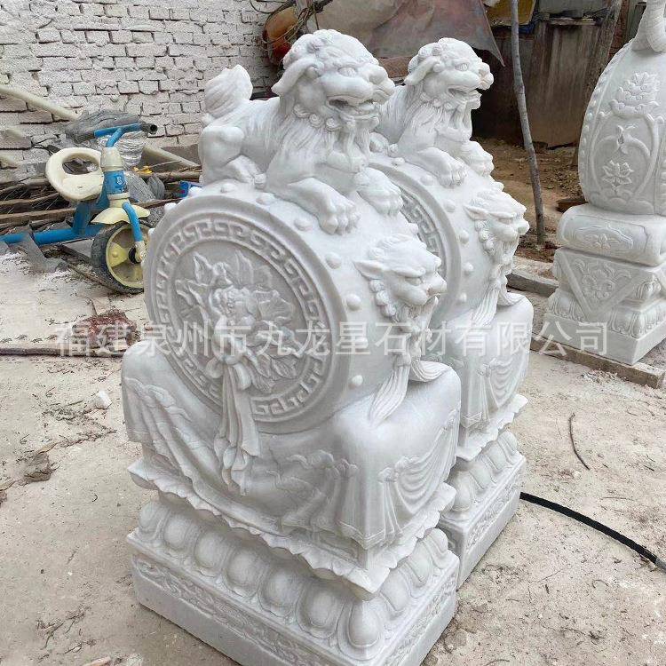 新中式天然庭院抱鼓石摆件家用白玉汉对门墩石雕抱鼓SD-2541复石