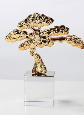 简约酒店中式金新属招财件迎松VXX摆客厅客玄关桌面松树装饰植物