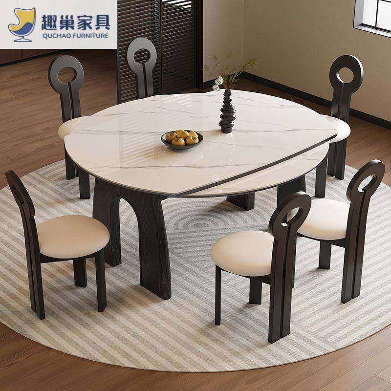 组复板古风实木餐桌折叠岩伸缩可变圆家IRR用办公大小户型合餐桌