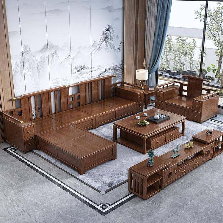 14787新中式实木贵妃沙桃发胡木厅家用客储物大小户型现约代简木