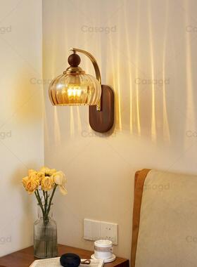 中古风卧室壁g灯复古木玻璃灯罩客厅床c头过66844道走廊墙壁灯实