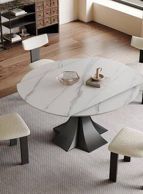 L复古叠伸缩岩板餐7桌可变圆桌现CZ-1219代简约折黑色用家用意式