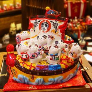 集福财宝船一帆风顺招猫财陶瓷发财开运摆件五福临招门旺添86116