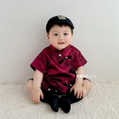 满月百日宴周岁礼服抓周夏季 男婴儿衣服宝宝夏装 连体中式 洋气端午
