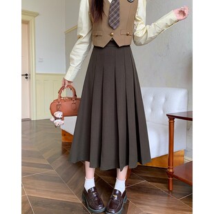 小吉家大码女装秋季新款胖mm高腰百褶半身裙中长款西装a字长裙子