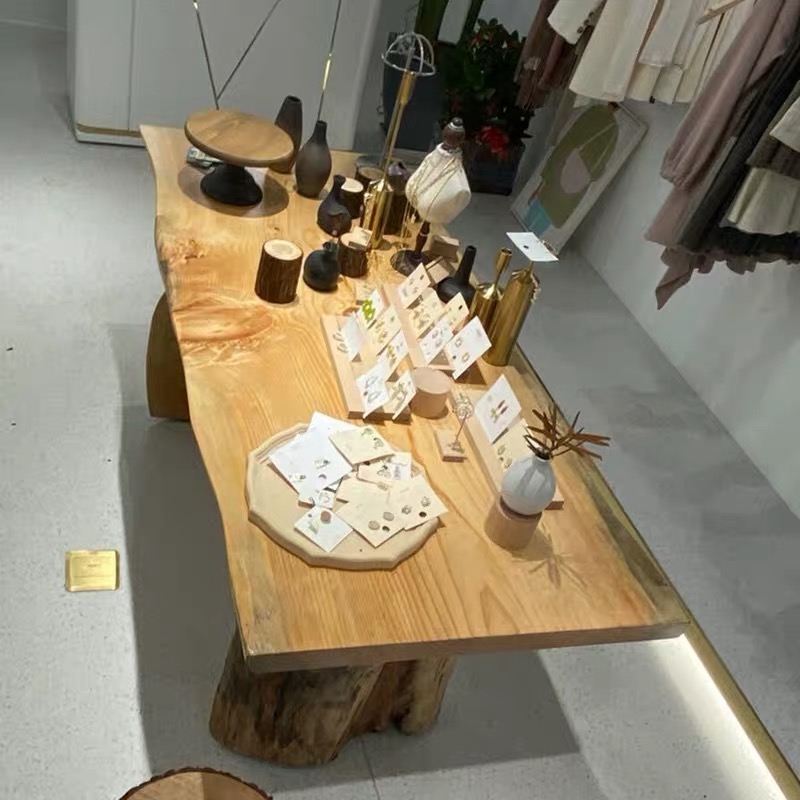 北欧实木展示桌服装店中岛流水台童装中间摆放原木展示台长方形桌