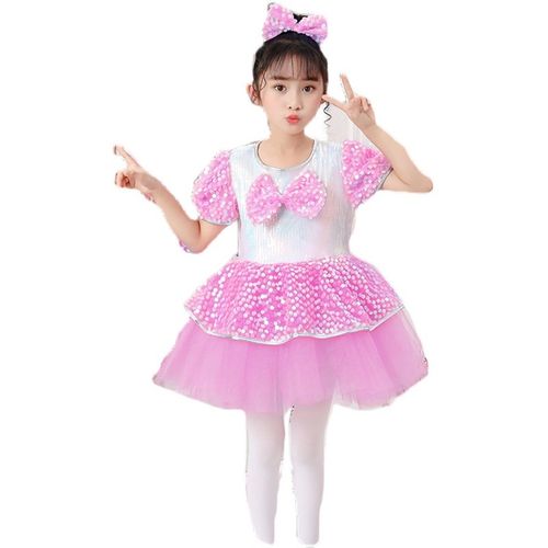 儿童公主裙演出服六一女童蓬蓬裙幼儿园舞蹈服粉色蝴蝶结亮片纱裙