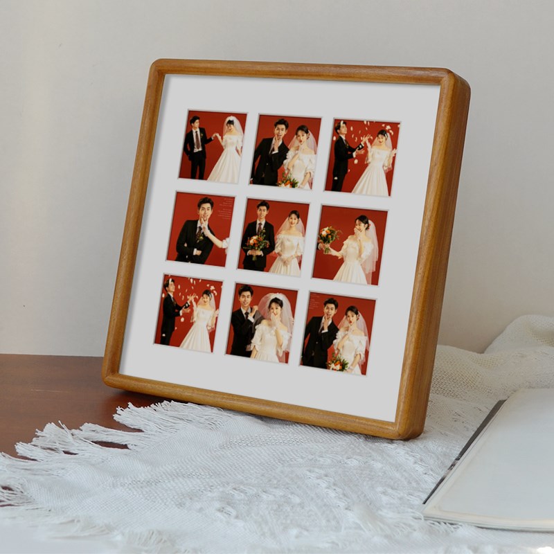 九宫格实木榫卯相框25*25婚纱情侣摆台相框定制打印冲印加洗照片