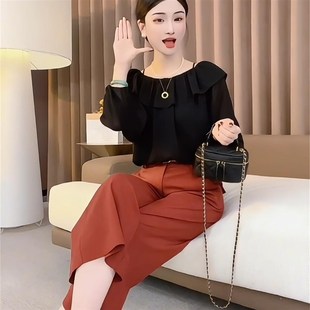 小个子法式一字肩上衣女早秋新款大码宽松黑色雪纺荷叶边长袖衬衫