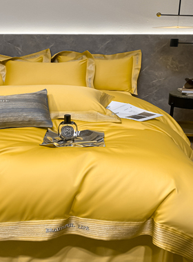 200支长绒棉轻奢金黄色床上四件套全棉纯棉被套春夏季床单高级感4