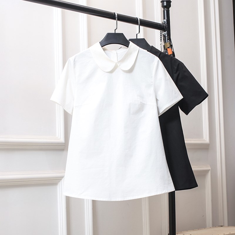 夏季新款娃娃领白衬衫短袖大码宽松显瘦设计感洋气胖mm上衣黑小众