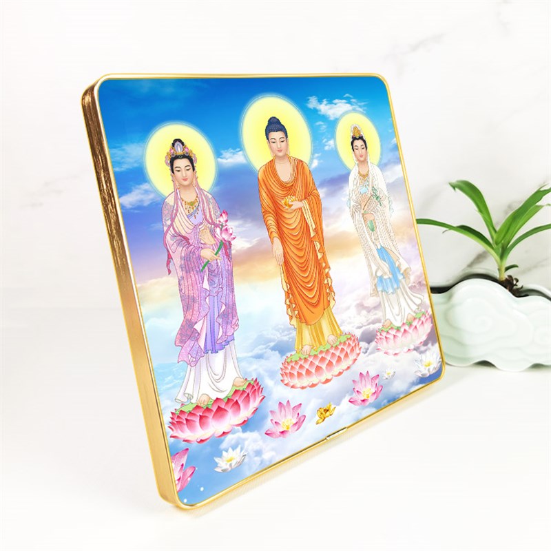 高清西方三圣接引图摆台挂墙相框画 观世音大势至菩萨摆件佛像画