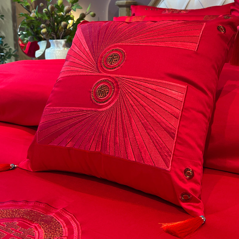 高端100支长绒棉简约大红色纯棉全棉结婚床上用品四件套陪嫁床品4