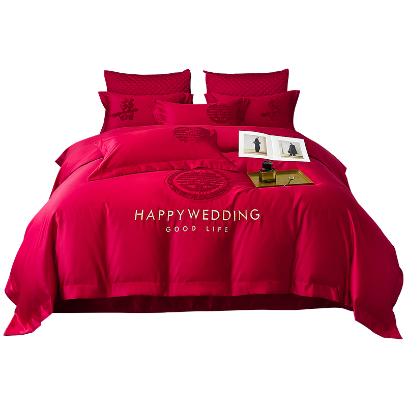 新款轻奢磨毛婚庆毛巾绣四件套大红色绣花双人床结婚床品套件床单