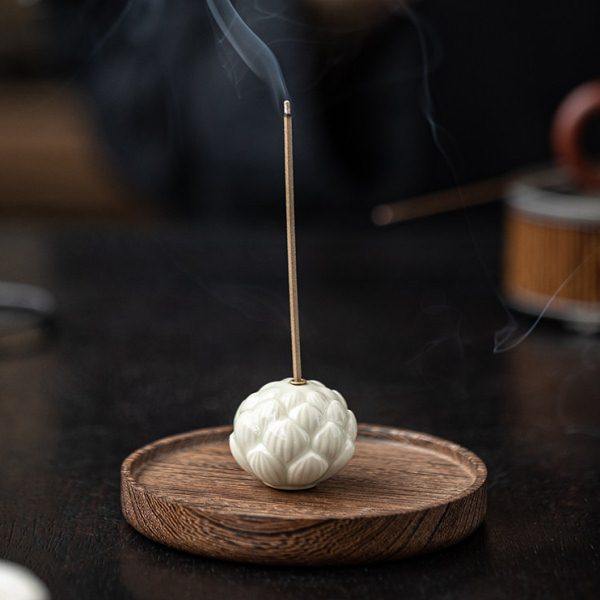 创意陶瓷菩提莲花线香炉家用室内香薰炉实木底座禅意香插香座香托,家居饰品,香托/香盘/香座/香插,淘宝优惠券,粉丝福利购,淘宝优惠卷