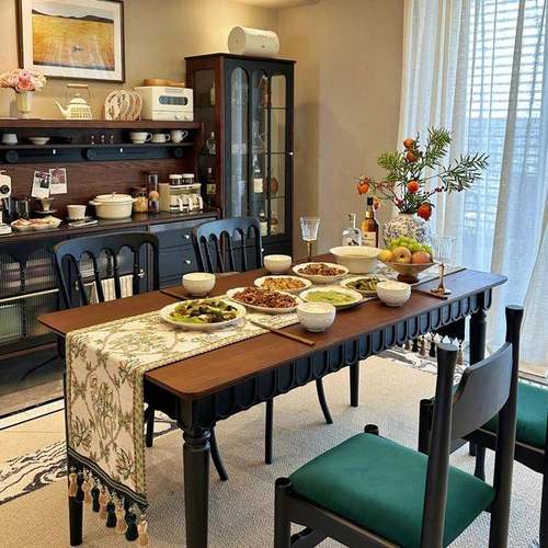 法式实木复餐古黑色板桌家用圆小桌见描述户型美式可折椭叠长桌中