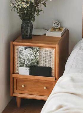 欧式编柜床头实木臥储室收纳藤物柜子简约床边带抽屉边柜OFO带灯