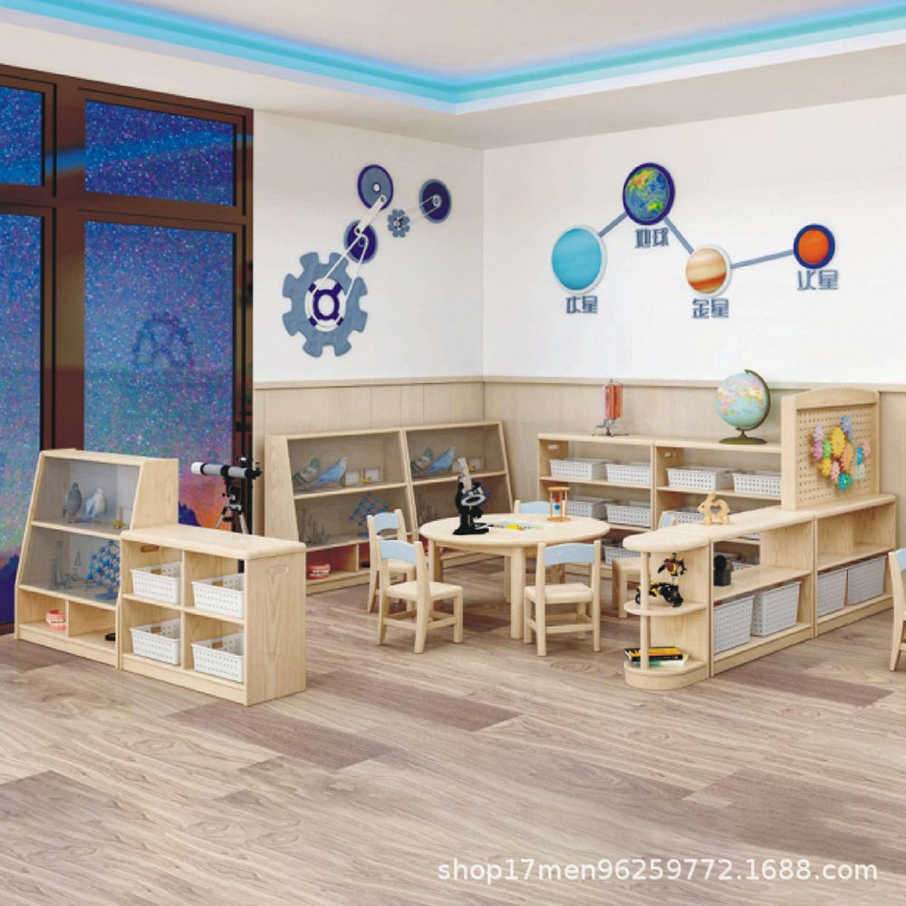 幼儿园原木透明画板展示收纳柜
