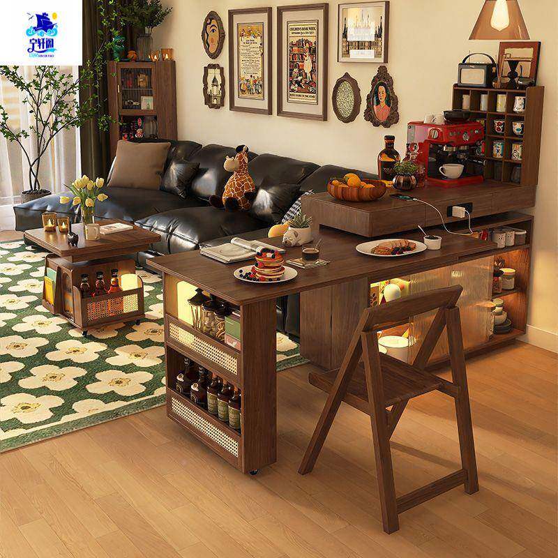 实木风胡XLI色中古转岛台餐桌一体桃可伸缩旋小户型餐边柜吧台桌