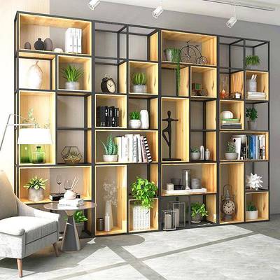 公架室铁艺隔断置物落地多办层实木格子简易架产LQW书品收纳展示