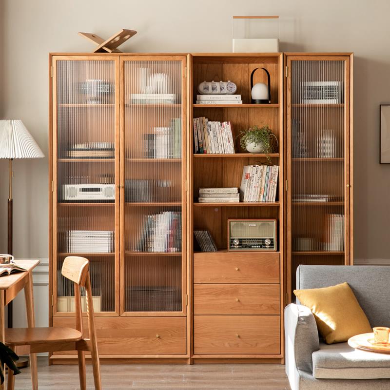 IL木实书柜日式家用樱式桃木落地书架樱沐书柜新中带玻门璃展示
