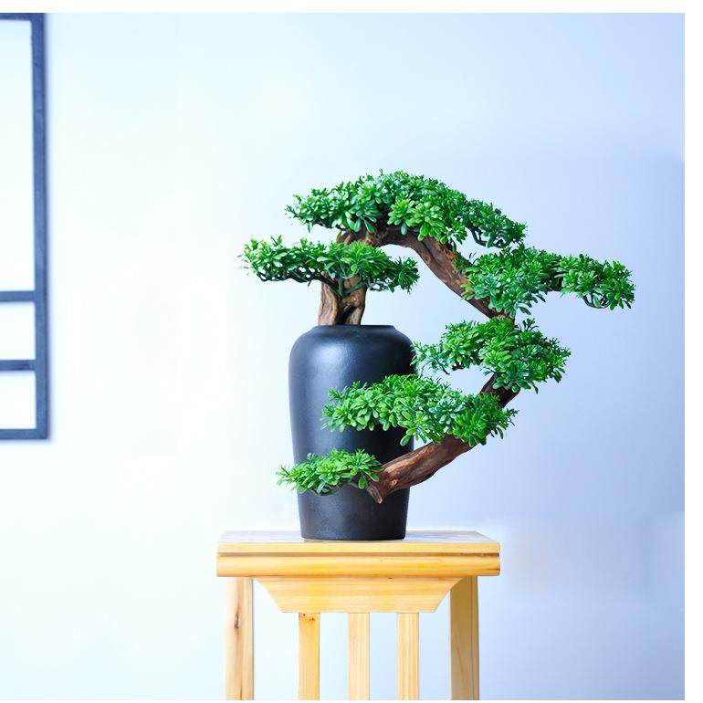 新中式客家居盆景仿真迎客松饰罗汉松根YVV雕关摆件厅电视柜玄柜