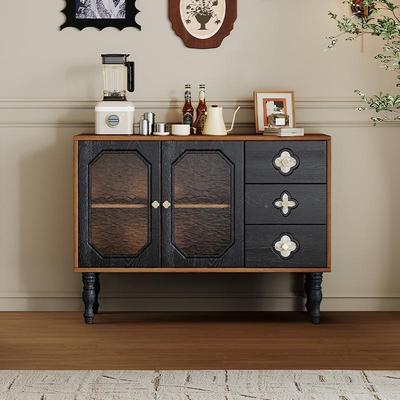 实房餐边柜中古木风厨餐厅木大小户型收纳柜加粗实柜脚拼色餐9904