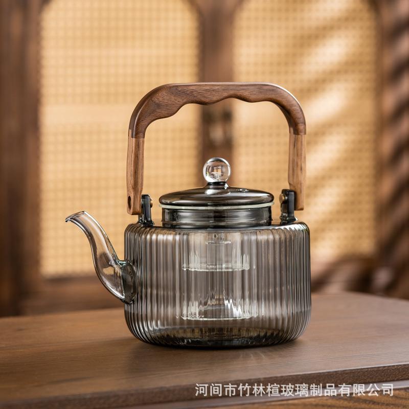 炉煮壶茶壶玻璃壶泡茶壶家用OJJ围竖纹提梁木手把茶壶煮茶器茶花