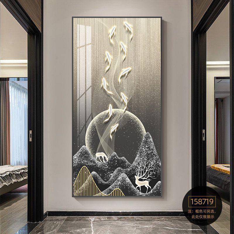 现代简带约入户玄装饰画走DGL廊过挂关画竖版墙画道九鱼图灯壁画