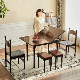 桌椅组餐合见描述中古风台家用可变方桌吃饭桌法式复古可形折叠长