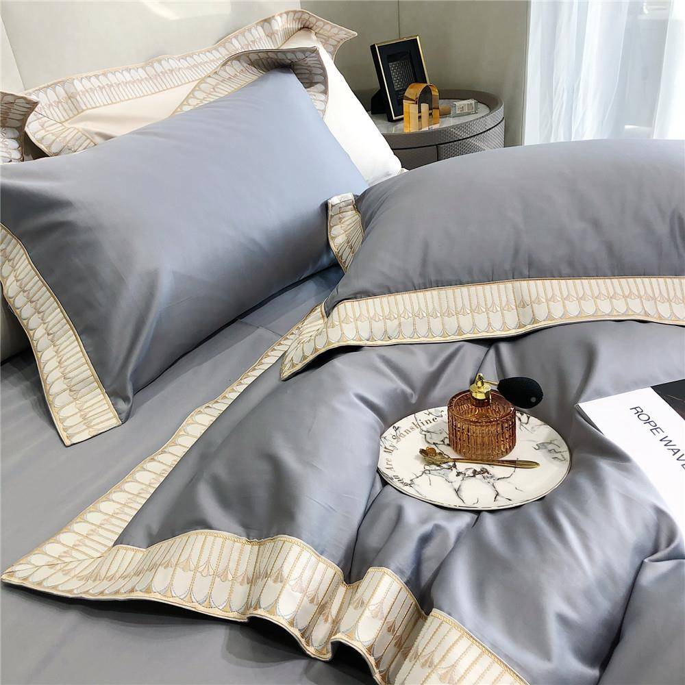 A类匹棉四件简约宽套LIB边刺绣被纯棉套全棉床马上用品