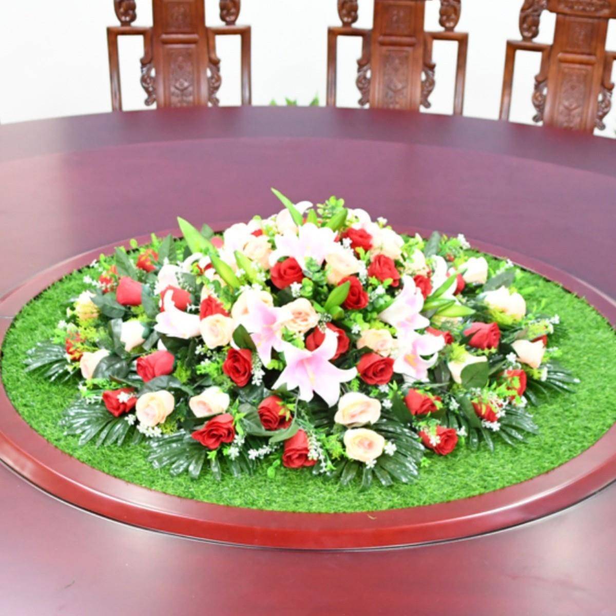 餐桌假花大圆桌中装饰花摆草件人造转花圆形盘间绢80902花草坪毯