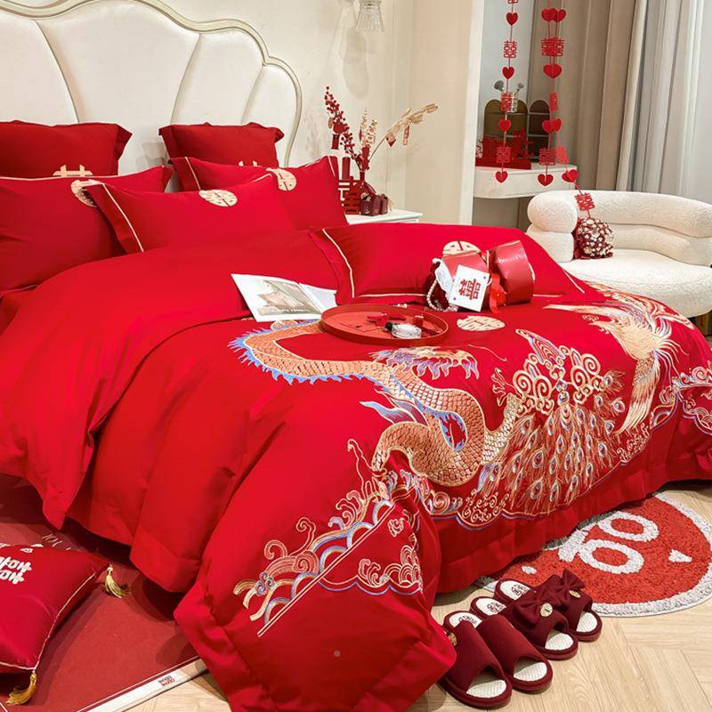 高中式凤刺绣结亲婚四件套档大红色床单被套肤棉喜被婚龙4056644