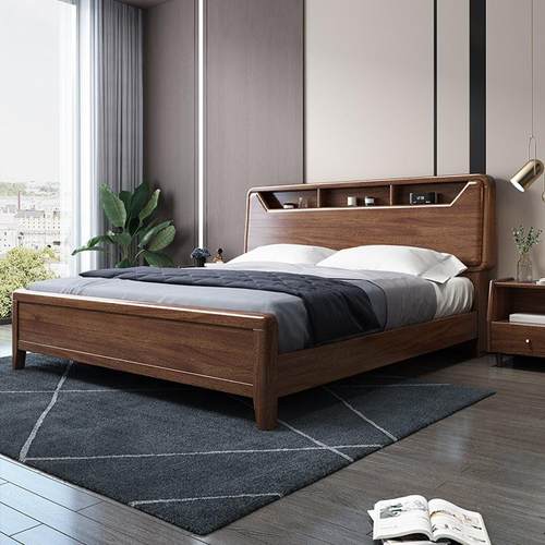 实木床简约5现代胡桃木双人床现代1.米米1.128大尺82米x2米2卧主