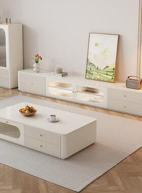 奶油合风电视柜茶几组法轻式暖AIA白色奢烤漆客厅落地矮柜地柜全