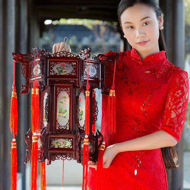 UDX中实木仿古宫灯吊灯阳台年室水内古典木质新户外防羊皮式大红