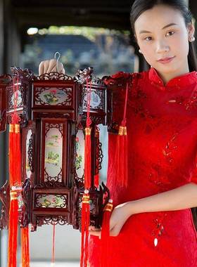 UDX中实木仿古宫灯吊灯阳台年室水内古典木质新户外防羊皮式大红