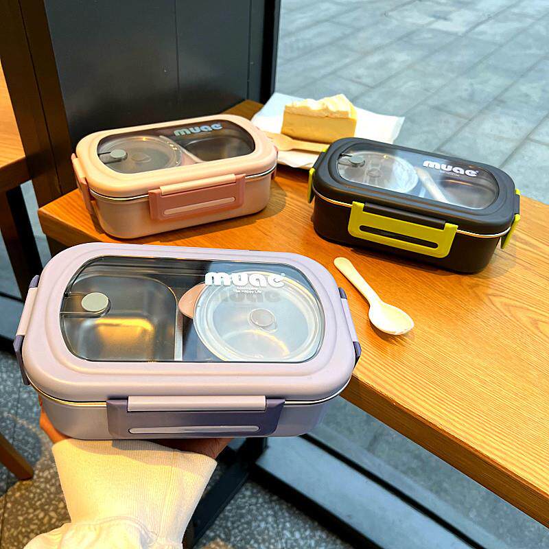 简约3两04不锈钢饭盒格带汤碗上打班午825族带饭餐学生宿舍饭便当