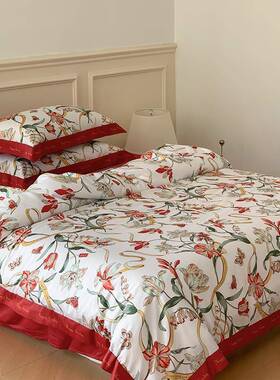 澳绣花婚四件棉套红色新婚床品纯棉婚庆喜被结档婚高房ME陪嫁