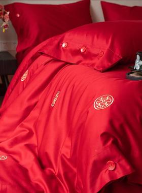 新HCZZ1798中用式婚庆100S长绒棉结婚四件红色喜庆床套单被套新婚