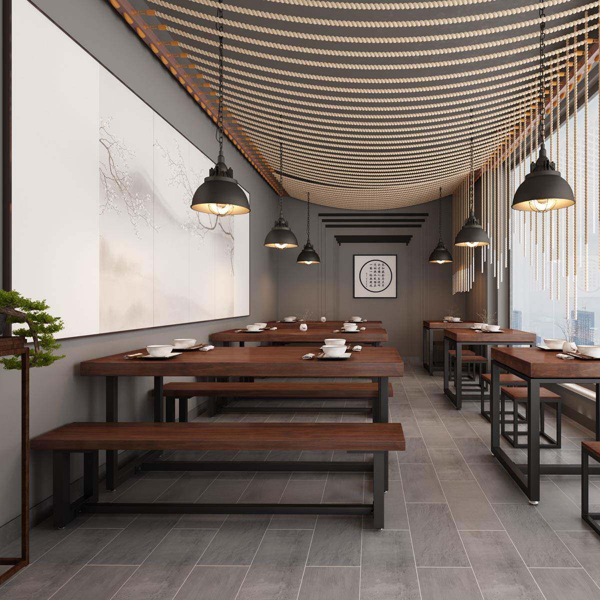 新中式铁艺实木桌饭店HKU餐店长条桌长餐形长快方桌长凳桌椅组合1
