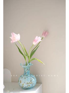 中古美式装复古波点手工玻璃中号圆滚蓝色滚瓶居家插花PPU饰花器