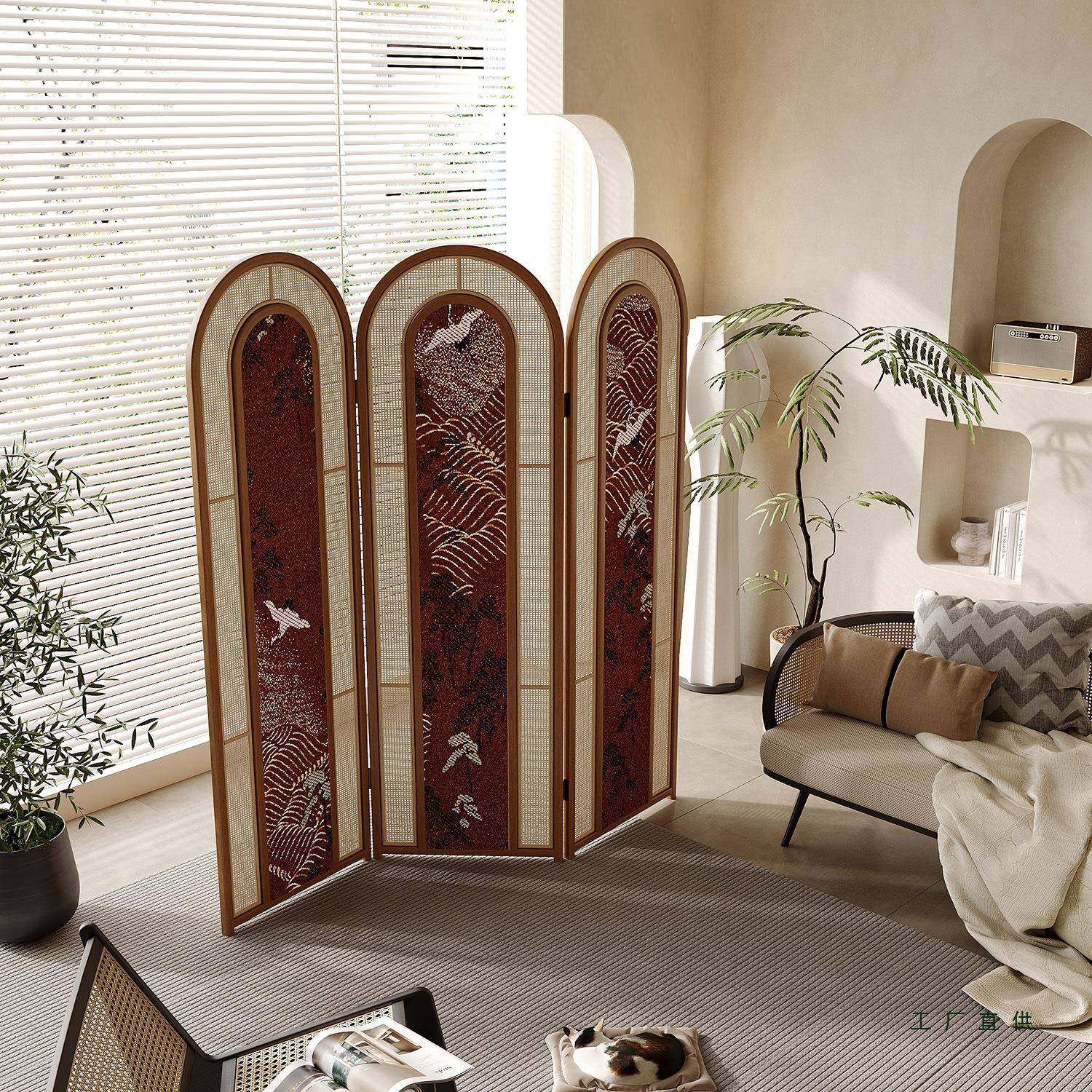 式中古985藤编屏风用隔断客厅入户酒店厅餐法家装饰沙发背景移动,基础建材,屏风,淘宝优惠券,粉丝福利购,淘宝优惠卷