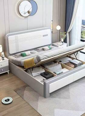 公白色床现代简约白色实木床1.8米主卧双人床箱1.5高米轻奢储物床